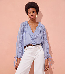 Striped Chiffon Ruffle Tie Cuff Blouse carousel Product Image 4