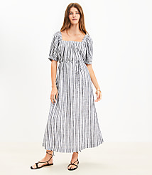 Petite Striped Smocked Square Neck Midi Dress carousel Product Image 1