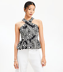 Petite Tiled Crossover Peplum Halter Top carousel Product Image 2