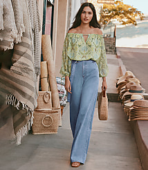 Belted Palazzo Jeans in Classic Mid Wash carousel Product Image 1