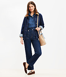 Petite High Rise Straight Utility Jeans in Mid Indigo Wash carousel Product Image 1