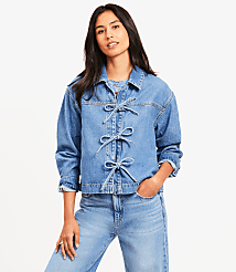 Petite Denim Bow Top in Bright Mid Indigo Wash carousel Product Image 1