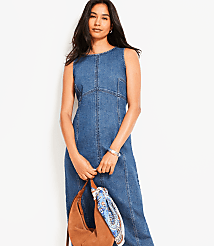 Petite Seamed Denim Midi Dress in Classic Mid Wash carousel Product Image 2