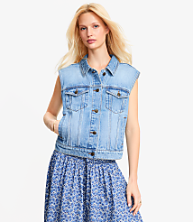 Petite Denim Trucker Vest in Bright Mid Indigo Wash carousel Product Image 1