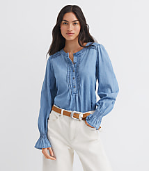 Chambray Pleated Henley Blouse carousel Product Image 1