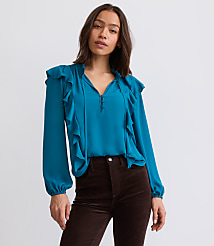 Ruffle Button Tie Neck Blouse carousel Product Image 2