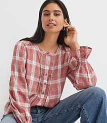 Plaid Pleated Henley Blouse carousel Product Image 1