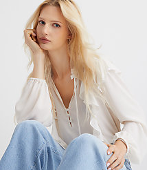 Petite Ruffle Button Tie Neck Blouse carousel Product Image 2