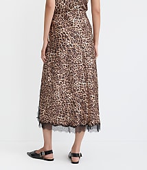 Leopard Print Lace Trim Satin Bias Midi Skirt carousel Product Image 2