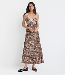 Leopard Print Lace Trim Satin Midi Slip Dress carousel Product Image 3