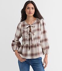 Plaid Flannel Bow Peplum Top carousel Product Image 1