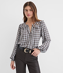 Petite Plaid Ruffle Collar Shirred Henley Blouse carousel Product Image 1