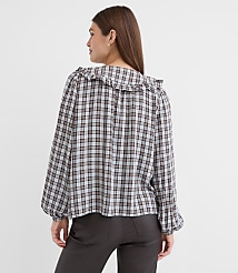 Plaid Ruffle Collar Shirred Henley Blouse carousel Product Image 3