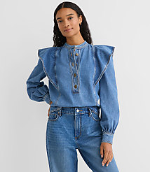 Ruffle Denim Shirt in Light Wash carousel Product Image 2