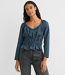 Gingham Smocked Ruffle V-Neck Blouse carousel Product Image 3