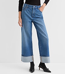 Embellished Cuffed High Rise Wide Leg Crop Jeans in Bright Mid Indigo Wash carousel Product Image 2
