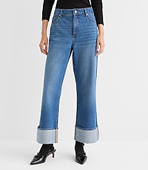 Curvy Embellished Cuffed High Rise Wide Leg Crop Jeans in Bright Mid Indigo Wash carousel Product Image 1
