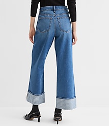Curvy Embellished Cuffed High Rise Wide Leg Crop Jeans in Bright Mid Indigo Wash carousel Product Image 2