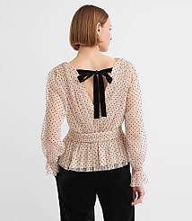 Petite Velvet Dot Tulle Tie Back Peplum Blouse carousel Product Image 2