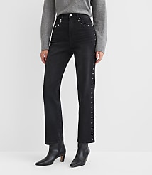 Petite Studded High Rise Straight Jeans in Washed Black carousel Product Image 2