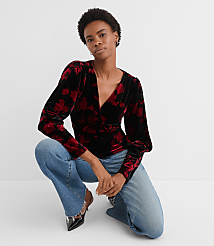 Floral Velvet Puff Sleeve V-Neck Top carousel Product Image 1
