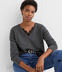 Lace Trim V-Neck Relaxed Everyday Sweater carousel Product Image 1