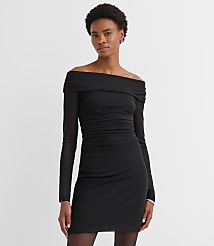 Petite Mesh Ruched Off The Shoulder Mini Dress carousel Product Image 1