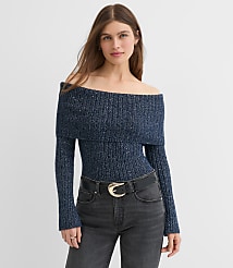 Petite Shimmer Ribbed Flare Sleeve Off The Shoulder Sweater carousel Product Image 3
