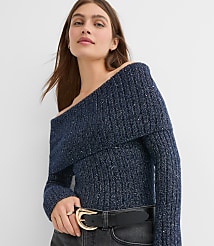 Petite Shimmer Ribbed Flare Sleeve Off The Shoulder Sweater carousel Product Image 1