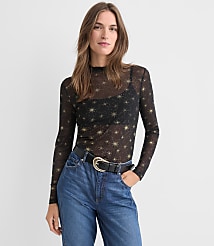 Petite Shimmer Celestial Mesh Ruffle Neck Top carousel Product Image 3