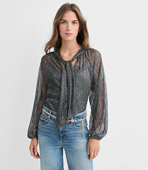 Petite Metallic Shirred Tie Neck Blouse carousel Product Image 1