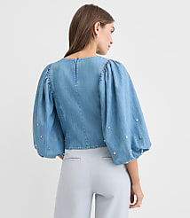 Studded Chambray Puff Sleeve Blouse carousel Product Image 2