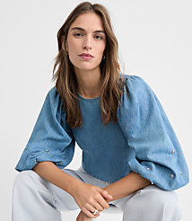 Studded Chambray Puff Sleeve Blouse carousel Product Image 3