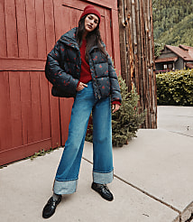 Embellished Cuffed High Rise Wide Leg Crop Jeans in Bright Mid Indigo Wash carousel Product Image 4
