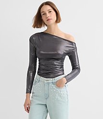Metallic Asymmetrical Ruched Off The Shoulder Top carousel Product Image 1