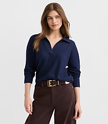 Waffle Collared V-Neck Top carousel Product Image 1