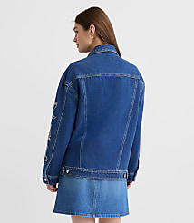 Floral Embroidered Oversized Denim Trucker Jacket in Bright Indigo Wash carousel Product Image 2