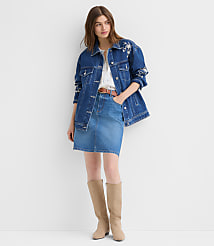 Floral Embroidered Oversized Denim Trucker Jacket in Bright Indigo Wash carousel Product Image 3