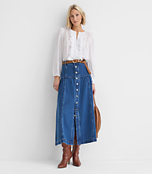 Yoke Button Denim Midi Skirt in Classic Mid Wash carousel Product Image 1