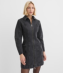 Petite Seamed Denim Zip Mini Pocket Dress in Washed Black carousel Product Image 1