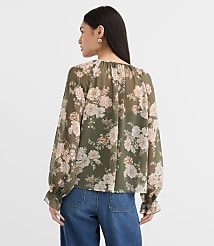 Floral Ruffle Cuff Tie Neck Blouse carousel Product Image 2