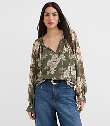 Floral Ruffle Cuff Tie Neck Blouse carousel Product Image 3