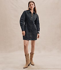 Petite Seamed Denim Zip Mini Pocket Dress in Washed Black carousel Product Image 4