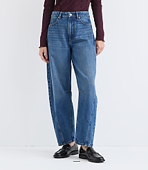 Rivete Tall Curvy Seamed High Rise Barrel Jeans in Dark Wash carousel Product Image 4