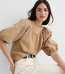 Petite Embroidered Poplin Puff Sleeve Blouse carousel Product Image 1