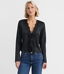 Petite Lace Trim Satin Bow Blouse carousel Product Image 3