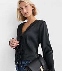 Petite Lace Trim Satin Bow Blouse carousel Product Image 1