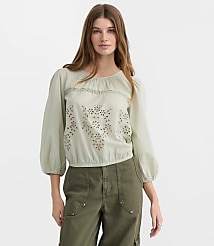 Petite Lace Trim Eyelet Blouse carousel Product Image 1