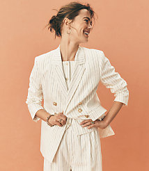 Pinstripe Cotton Linen Double Breasted Blazer carousel Product Image 4