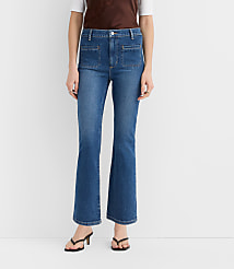 Rivete Petite Curvy Welt Pocket High Rise Kick Crop Jeans in Mid Wash carousel Product Image 1